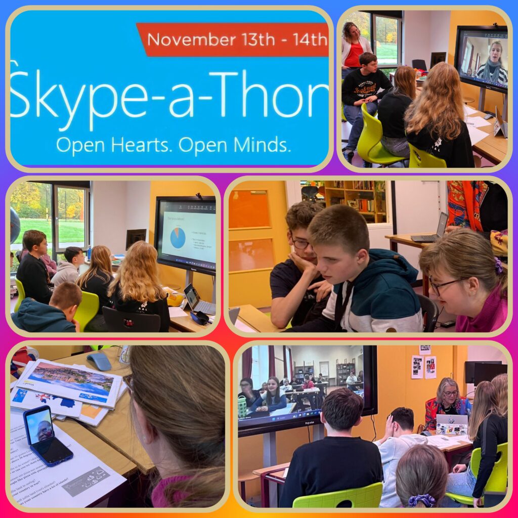 Foto collage van leerlingen die online via een computer gesprekken hebben met andere leerlingen in verschillende landen.